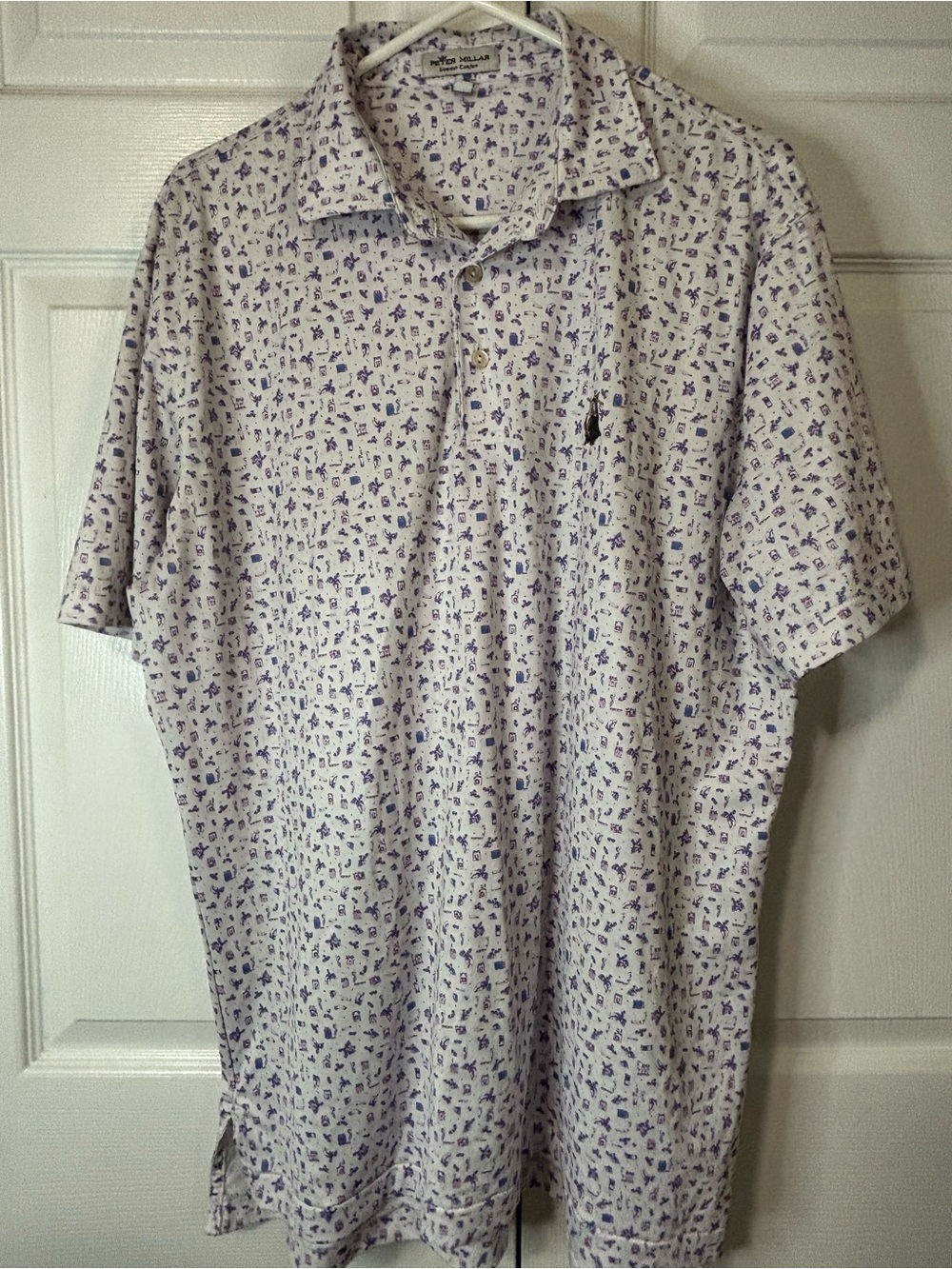 Peter Millar White Polo with Blue Microprint Sz M EUC